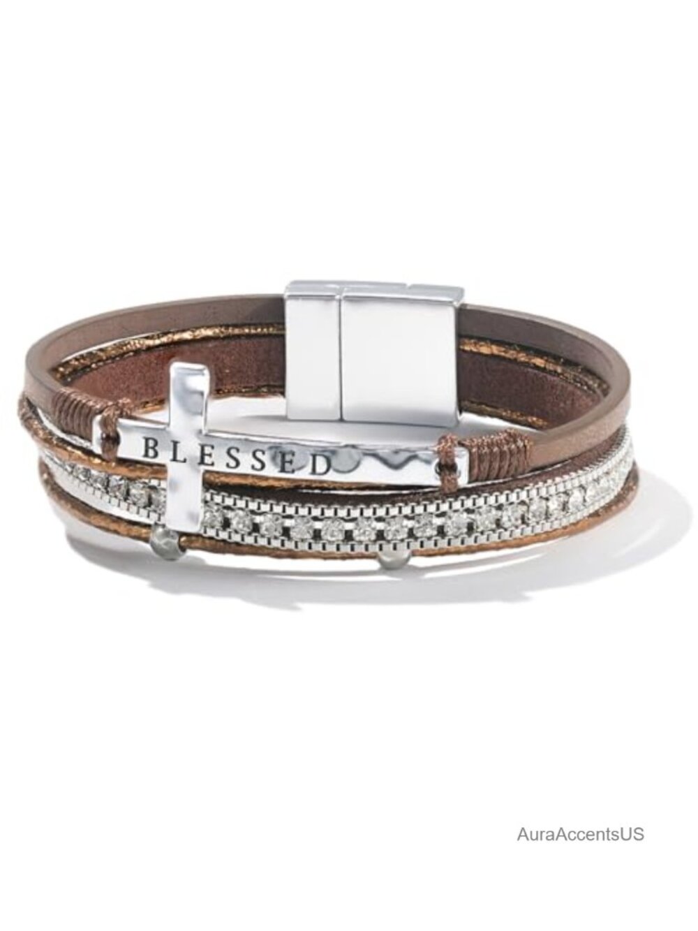 Faux Leather Cross Charm Bangle Bracelet Boho Religious Magnetic Clasp